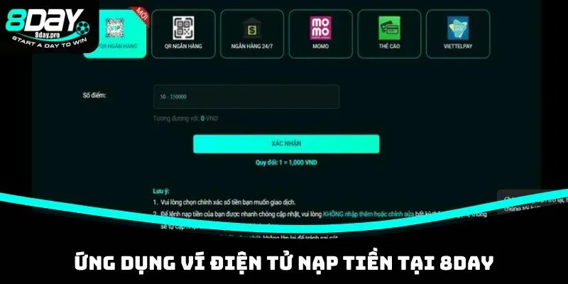 Ứng dụng ví điện tử nạp tiền tại 8DAY